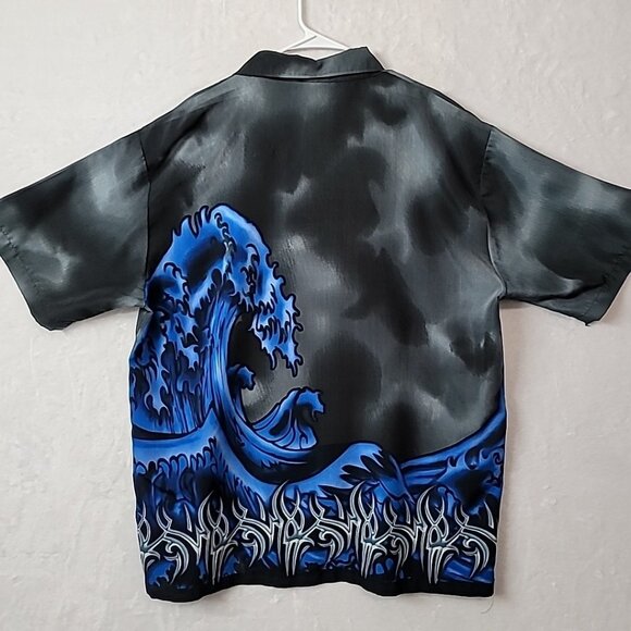C-Two Mens XXL Hawaiian Shirt Black Gray Blue Wave Graphic Graffiti Design - Picture 2 of 14